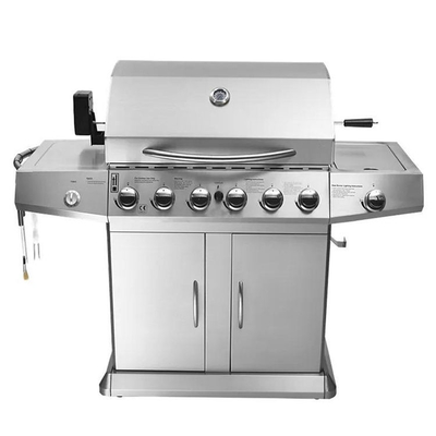 High Temperature Enamel 6 Burner Gas BBQ Grill  With Cabinets Wheels