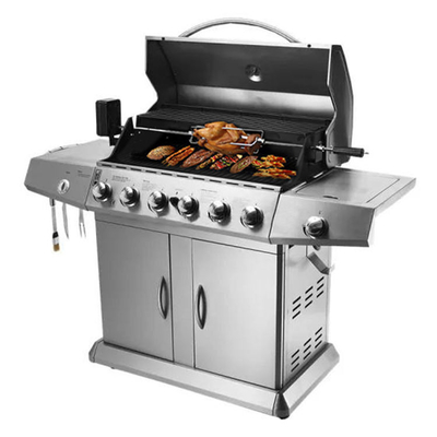 High Temperature Enamel 6 Burner Gas BBQ Grill  With Cabinets Wheels